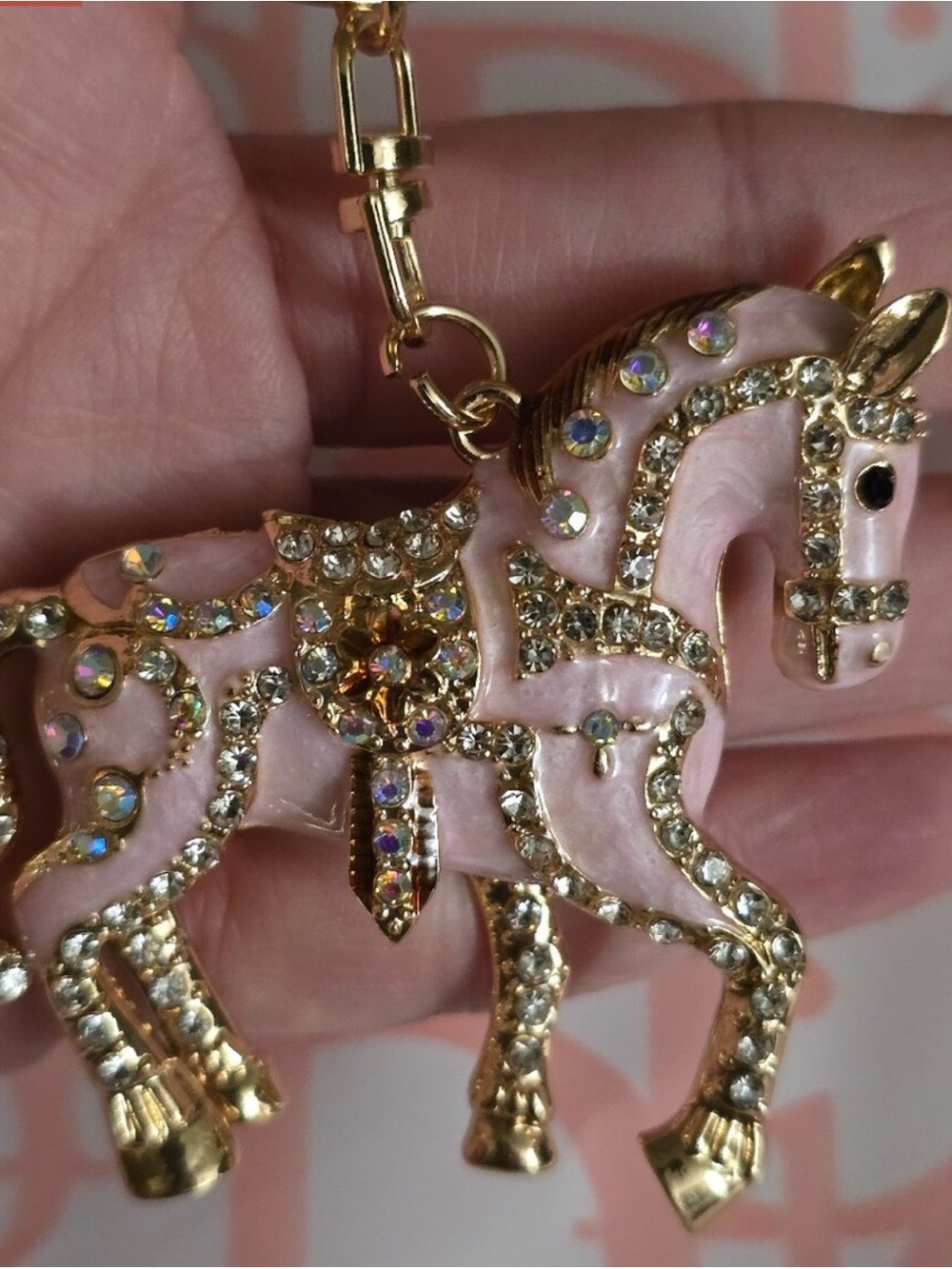 Gold & Pink Horse Crystal Bag Charm and Keychain - Fashion Accessory - Picture 2 of 6